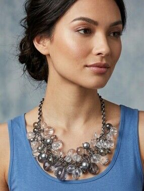 Rhinestone Statement Bib Necklace Smoky Clear Glass Crystal